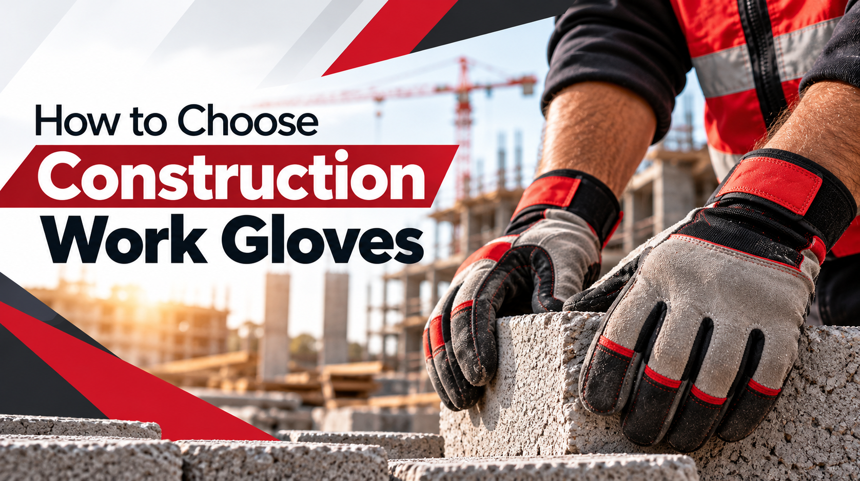 Alt text: Construction worker wearing protective work gloves while handling concrete blocks