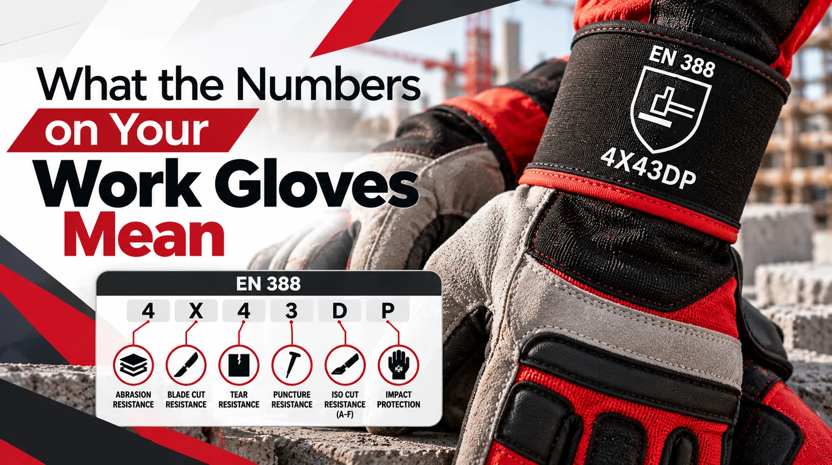 Work gloves displaying EN 388 mechanical protection ratings